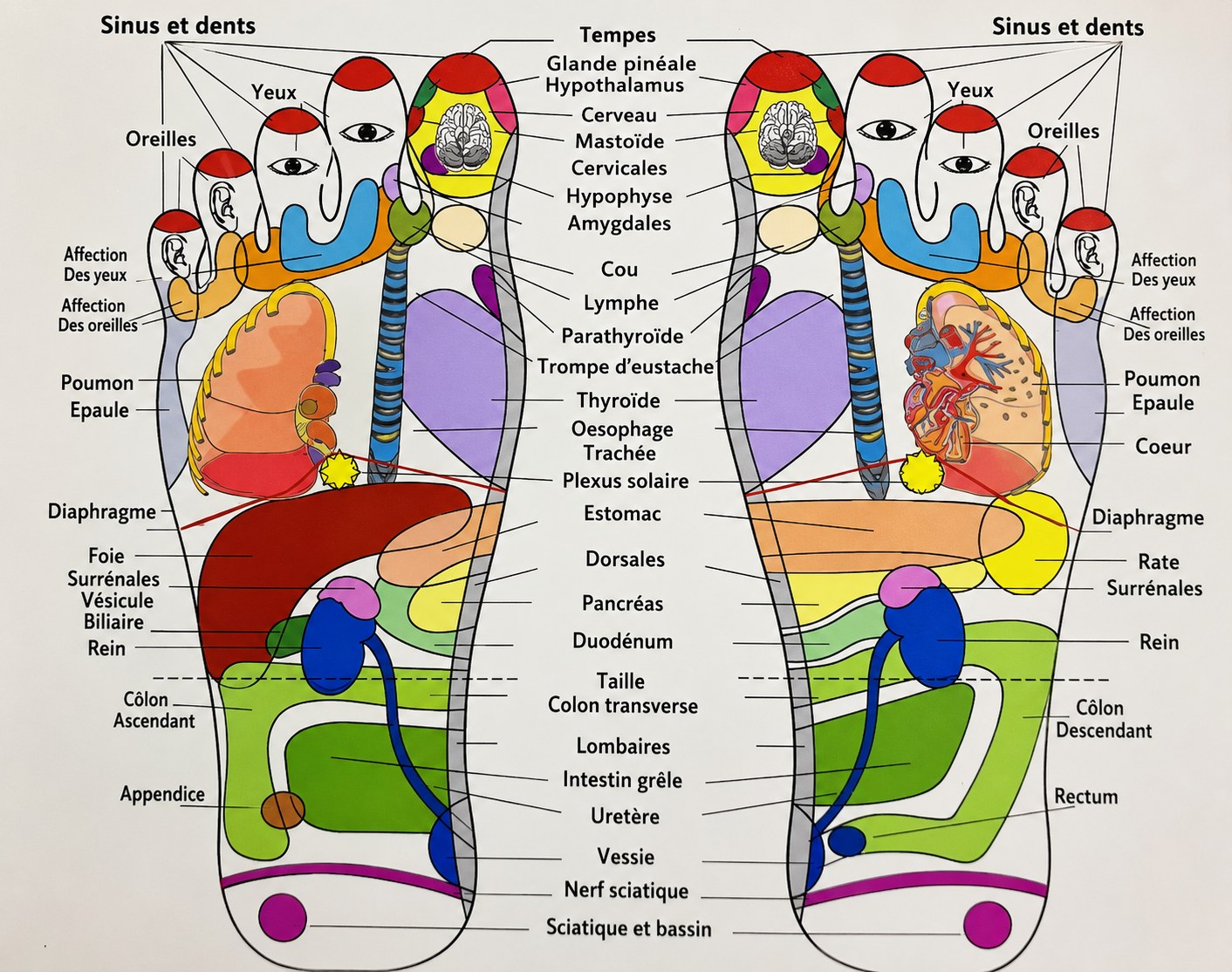 Carte détaillée des zones réflexes des deux pieds, avec les organes correspondants